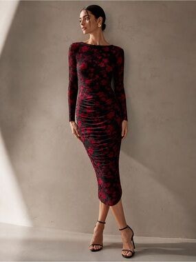 Suzy Shier Black & Red Floral Ruched Dress XL NWT Elegant Bodycon